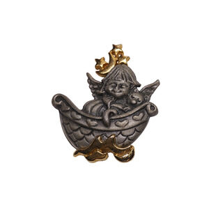 Daria Vintage Signed Pewter Gold Tone Cherub Angel In Boat With Cat Brooch